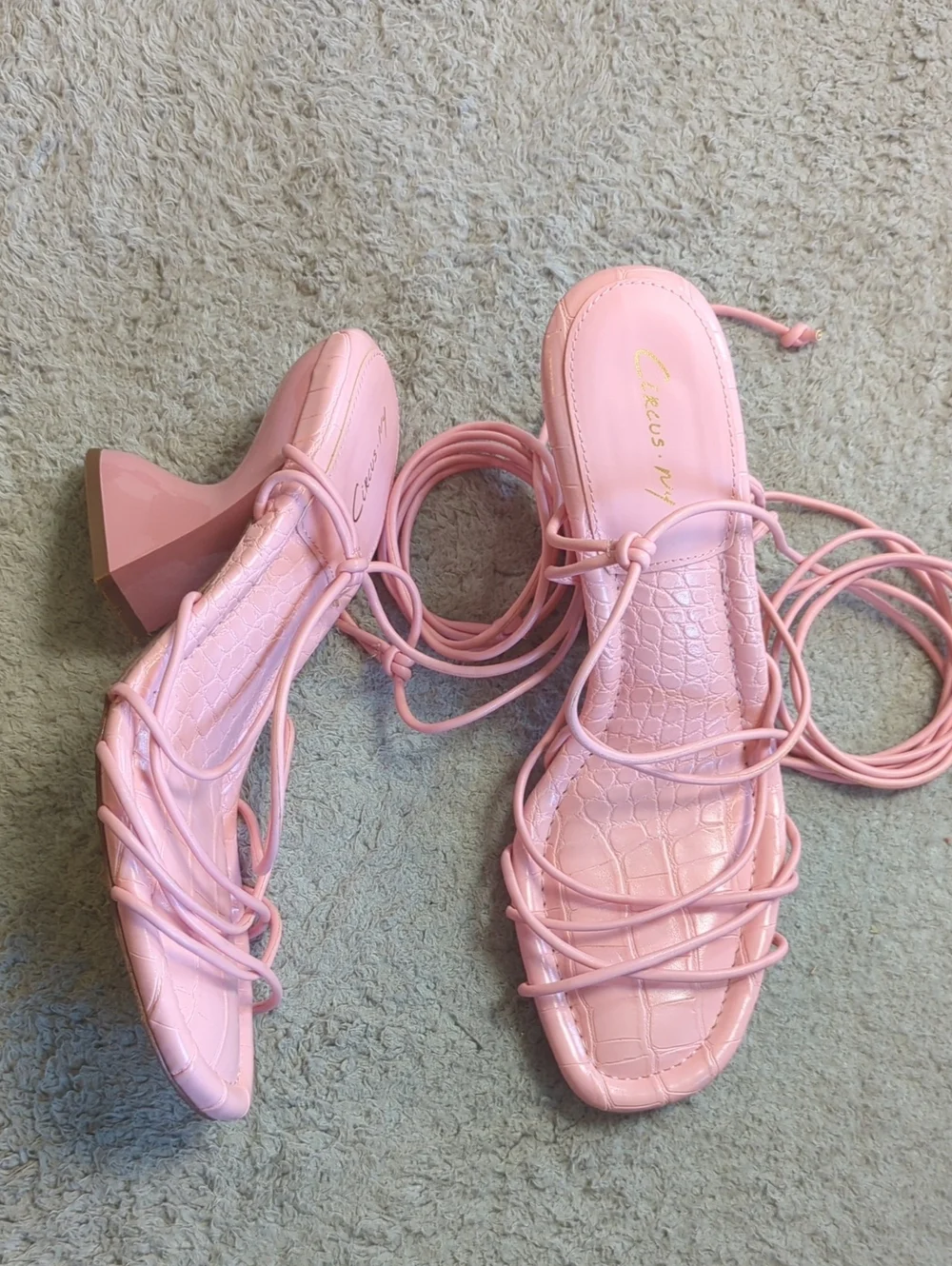 Circus NY Sam Edelman Size 9M Blanche Pink Crocodile Lace Up Strappy Heel